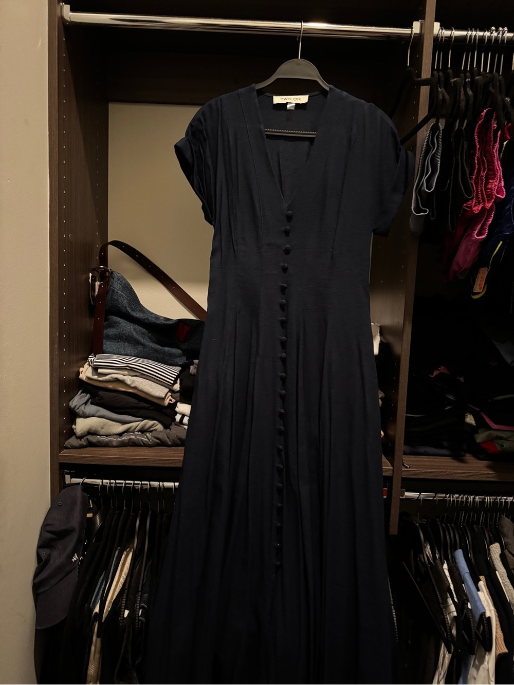 Taylor Navy V-Neck Button-Front Maxi Dress
